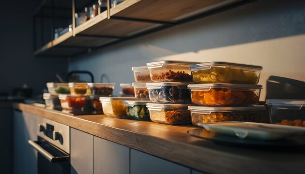 Meal Prep Containers Stacked on Kitchen Countertop.