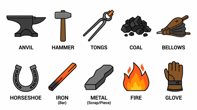 Collection of blacksmith tools and forging equipment icons.