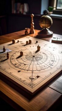 Detailed Image of an Antique Navigation Map with Globe and Wooden Board Game Pieces