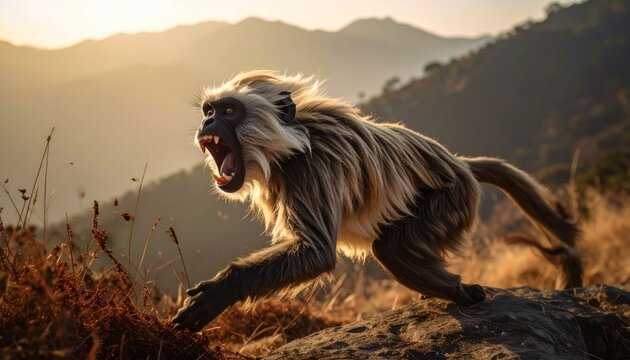 Aggressive Gray Langur Monkey Running in the Wild with Open Mouth.