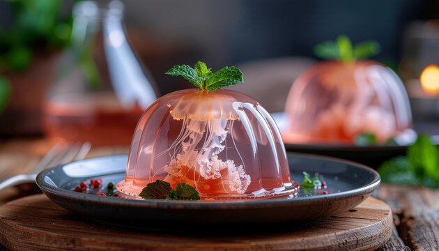 Elegant Pink Jello Dessert with Mint Garnish on Dark Plate.