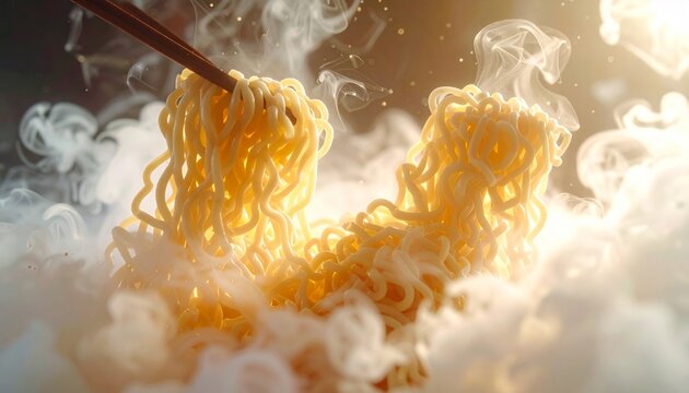 Steaming Noodles Held by Chopsticks - A Culinary Delight.
