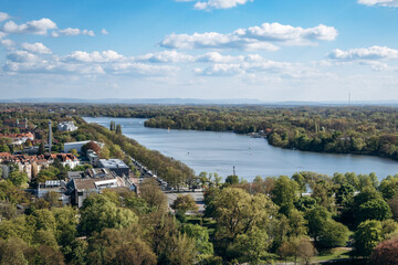 Fototapeta premium Panoramic view from the dome of the New Town Hall over Maschpark and Lake Maschsee in Hanover, Germany