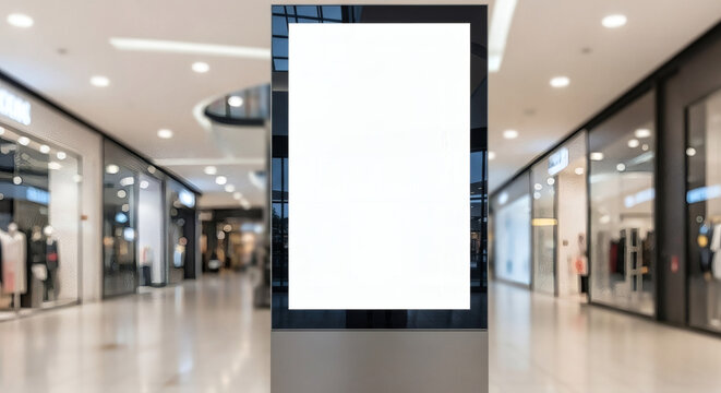 Blank vertical billboard mockup standing inside a modern shopping mall center with blurred bright storefronts and clean reflective floor surfaces