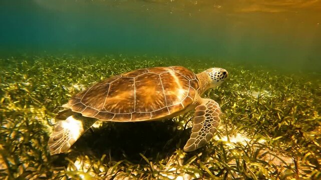 Green sea turtle swimming over tropical seagrass bed in shallow clear ocean water green turtle chelonia mydas