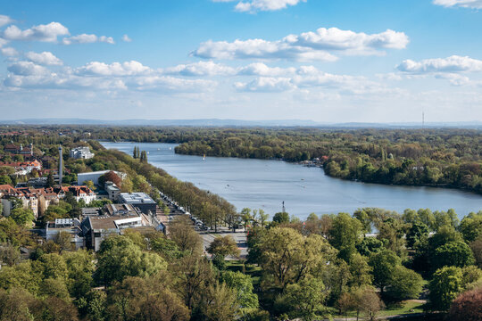 Panoramic view from the dome of the New Town Hall over Maschpark and Lake Maschsee in Hanover, Germany