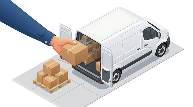 A person loading cardboard boxes into a white delivery van with a stack of boxes on a pallet beside it