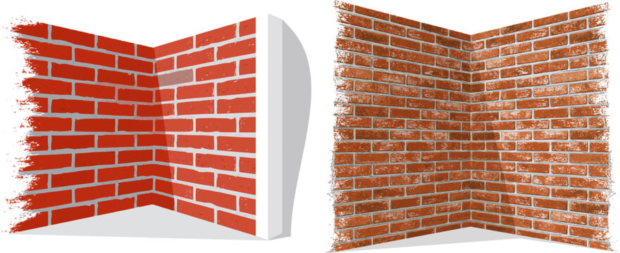 A minimalist geometric design showcases a corner of an exposed brick wall with terracotta red bricks, light gray mortar lines, and pure white edges in a clean composition