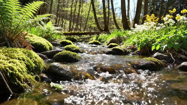 Serene forest stream flowing over mossy stones in springtime sunlight creek brook nature
