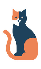 Obraz premium Minimalist icon of a seated cat with curved tail featuring clean geometric shapes and flat bold colors on a white background, animal pet design concept