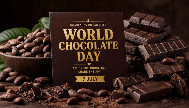 World Chocolate Day Dark Cocoa Beans and Chocolate Bars.
