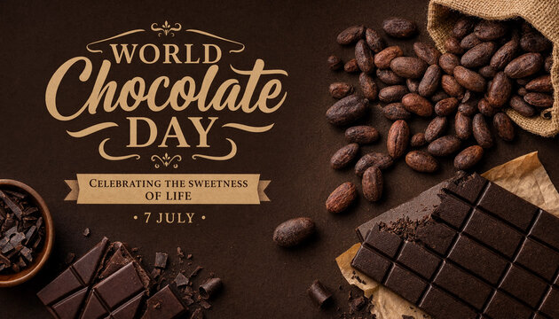 World Chocolate Day Rich Dark Cocoa Beans and Chocolate Bars.