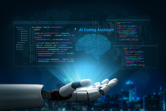 A robotic hand displays a light projection representing an AI coding assistant, surrounded by colorful code snippets and a digital brain, illustrating the future of programming and technology. Cyphers