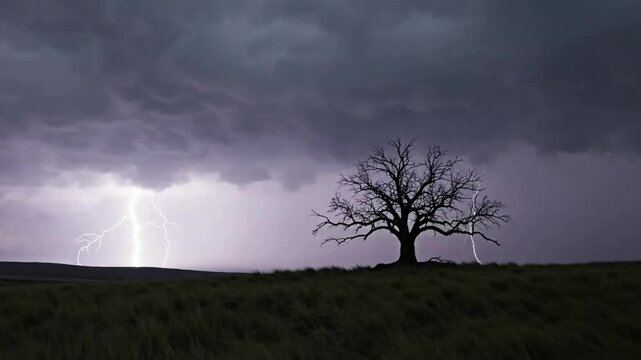 Dramatic lightning strikes over solitary bare tree in stormy night landscape thunder weather nature