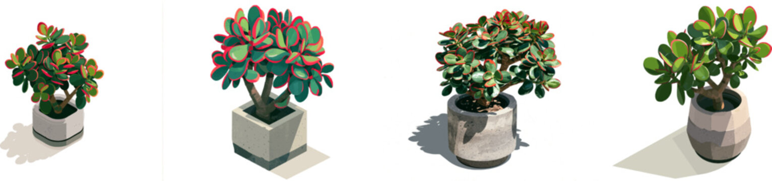 A compact potted jade plant succulent with thick oval glossy leaves in a raw concrete pot, rendered in flat 2D vector art with minimalist geometric shapes and rich jade green foliage against a clean