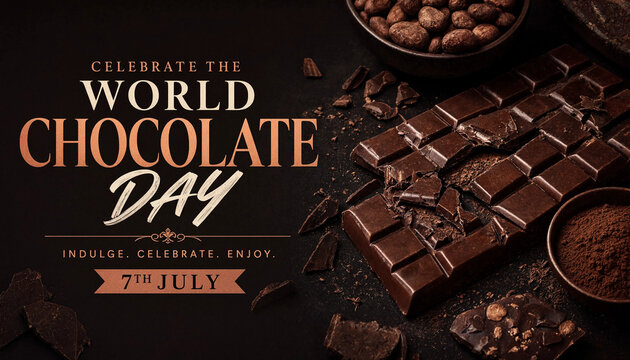 World Chocolate Day Promotional Banner with Broken Dark Chocolate Bar.