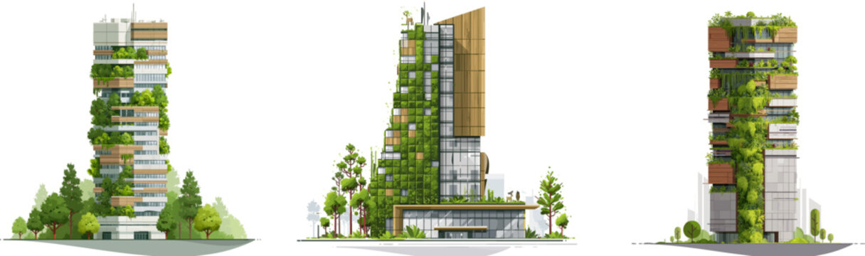 A modern corporate skyscraper adorned with vertical gardens and eco-friendly wood panels stands tall in a minimalist urban landscape