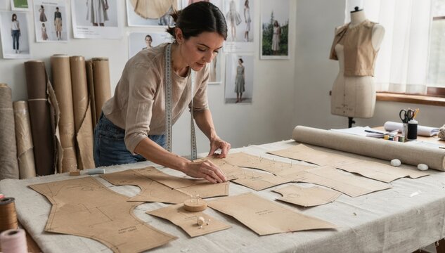 Medium shot of a designer carefully arranging dress patterns on fabric showcasing zerowaste layout techniques to reduce offcuts and promote sustainable fashion practices.