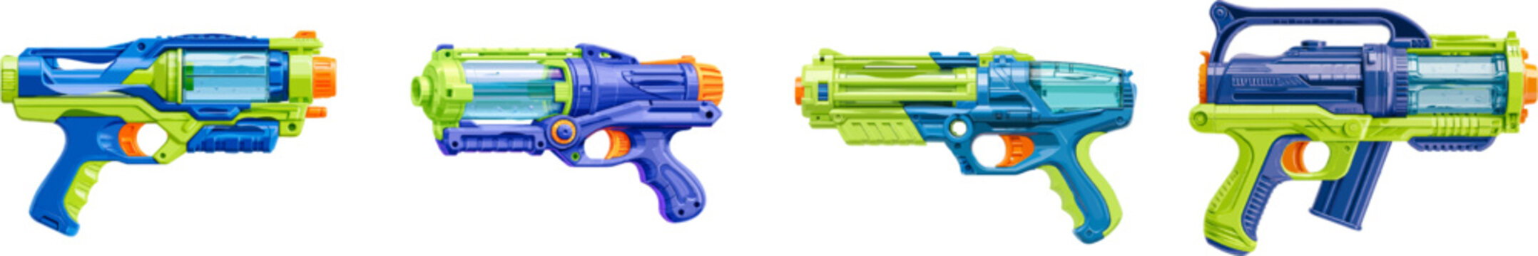 A vibrant water gun toy in neon green, bright primary blue, and vivid trigger orange features a flat 2D design with minimalist geometric shapes, isolated on white for high-resolution clarity