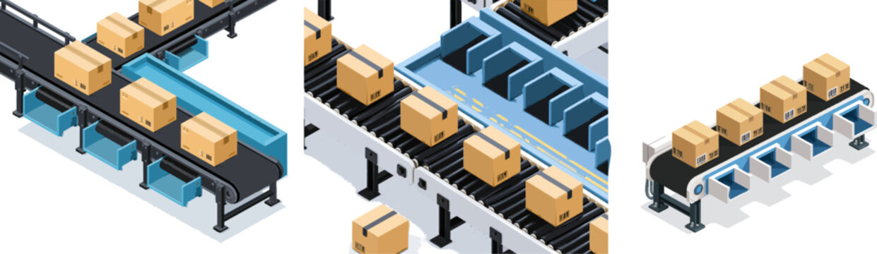 A modern industrial conveyor belt system efficiently sorts identical cardboard boxes into designated delivery chutes using flat, vector art-style design elements in a minimalist geometric style with