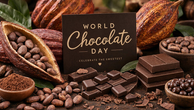 World Chocolate Day Cocoa Pods and Chocolate Ingredients.