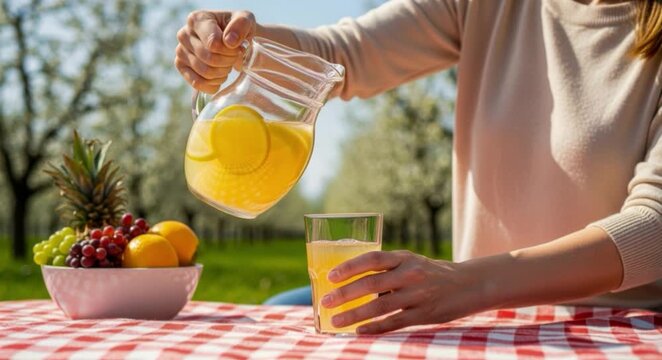 Spring picnic lemonade weekend holiday easter outdoor brunch fruit refreshment scene with woman pouring citrus drink at a sunny garden table. Seasonal lifestyle image for family ads and travel promos.