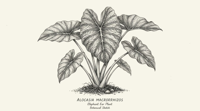 Detailed black and white illustration of Alocasia macrorrhizos, also known as Giant Taro or Elephant Ear, on a beige background.
