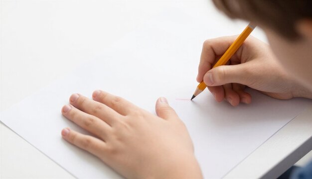Child&rsquo;s hands holding a yellow pencil and writing on a clean white sheet of paper, capturing a focused moment of drawing or note-taking during a school or creative activity.