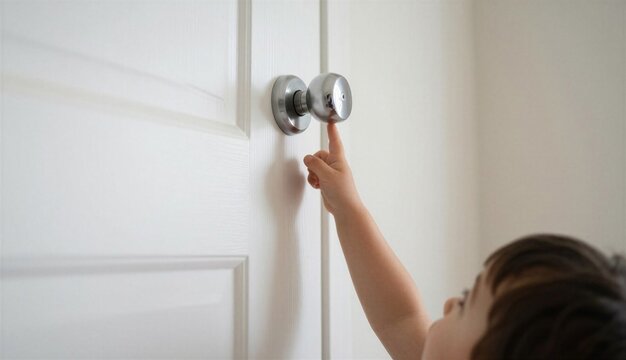 Child&rsquo;s hand reaching for a round metallic door knob on a white paneled door, illustrating curiosity and the need for childproofing in home safety.
