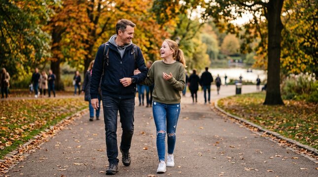 Father and daughter enjoying a happy autumn walk in a park with colorful fall foliage and fallen leaves on the path