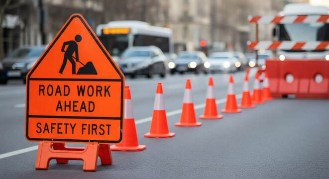 Road work ahead warning sign with orange traffic cones on an urban asphalt street during daytime in the city
