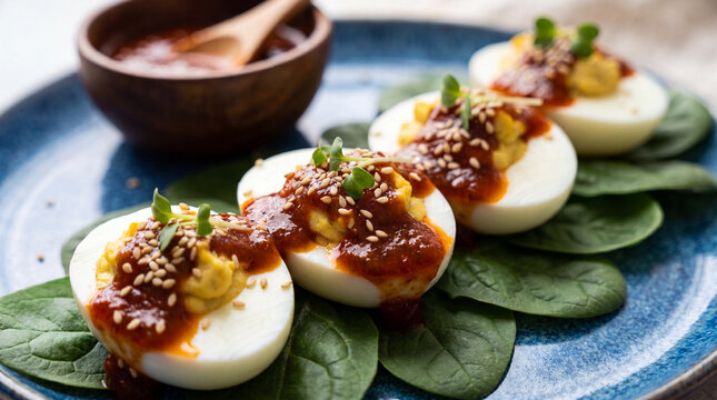 Deviled eggs topped with spicy red sauce and sesame seeds served on fresh green spinach leaves on a blue plate for a healthy appetizer snack