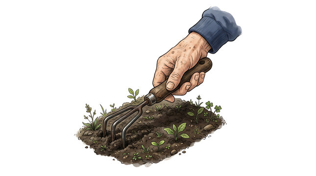 Hand of an elderly person using a hand rake to cultivate soil in a garden