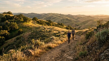 Obraz premium Two hikers with backpacks and trekking poles walk along a dusty trail through rolling hills at sunset