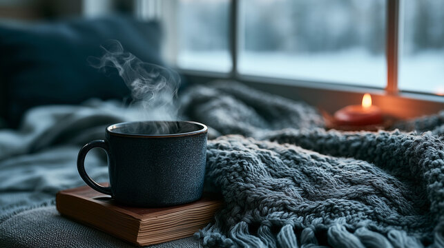 Warm Drink on Rustic Coaster Beside Gray Knit Blanket in Peaceful Cabin Interior