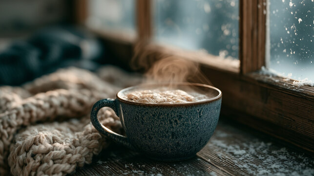 Relaxing Cold Weather Background Featuring Hot Beverage, Cozy Blanket and Snowy Landscape