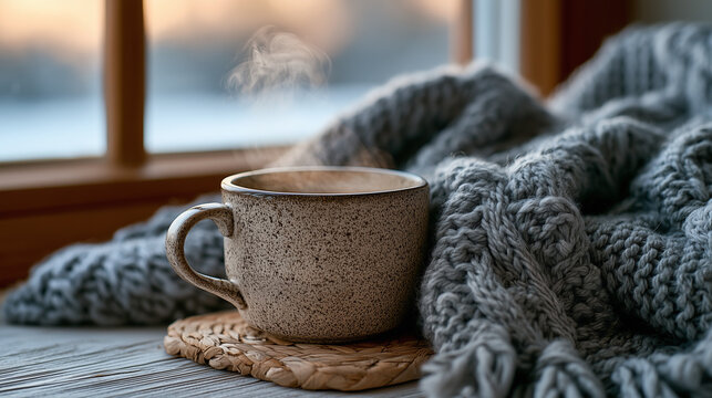 Cozy Winter Morning with Hot Mug, Knitted Blanket and Snowy Window View