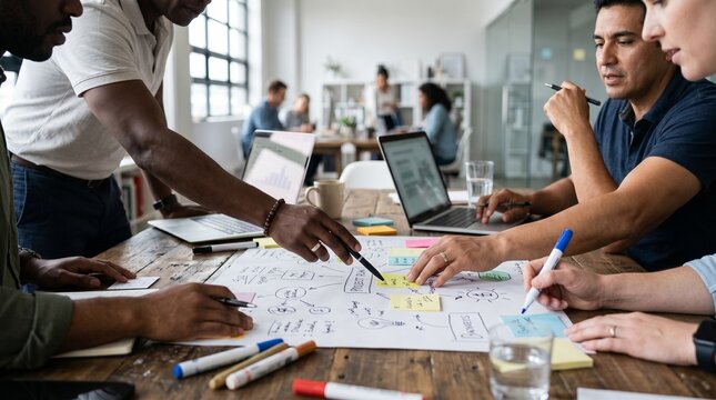 Diverse team collaborating on a project plan with charts and sticky notes on a wooden table