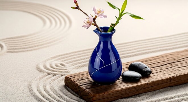 japanese minimalist ikebana a katakuchi pouring vessel with high fire mirror finish cobalt blue glaze glossy surface with fine platinum repair lines