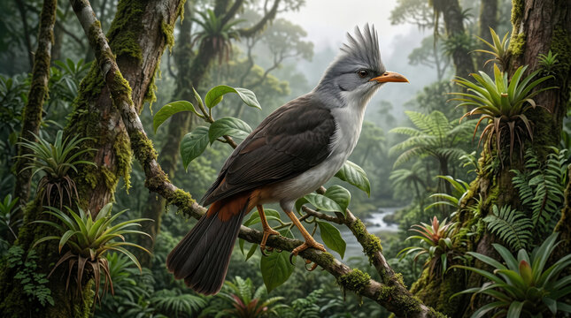 Reunion starling, Fregilupus varius, extinct 1835, scientifically accurate representation, crested bird perched on a branch, rainforest