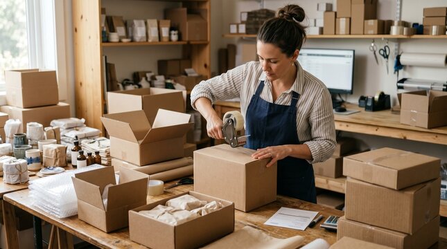Woman packing boxes for shipping in a small business workshop