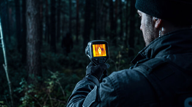 Tactical security officer using thermal imaging camera to detect human heat signature in dark forest during night search operation