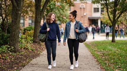 Fototapeta premium Two smiling teenage girls with backpacks walking on a school campus path during autumn