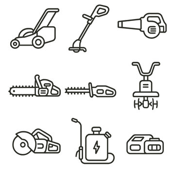 Cordless blower sprayer chainsaw icons vector electric trimmer icon tools cutter leaf