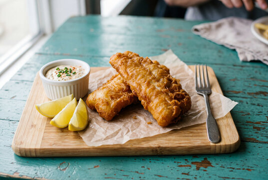Two generously sized pieces of golden brown fried haddock presented on crumpled wax paper