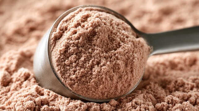 A scoop of chocolate protein powder