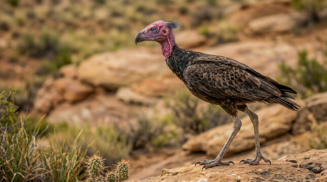 Neocathartes, Eocene epoch, scientifically accurate representation, prehistoric ground vulture with pink bald head walking on rocks