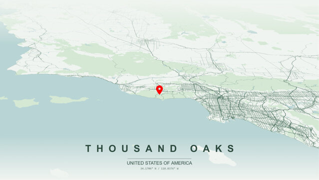 Modern minimalist vector map of Thousand Oaks, California, USA. High-quality scalable illustration of Thousand Oaks Conejo Valley city grid for posters design.