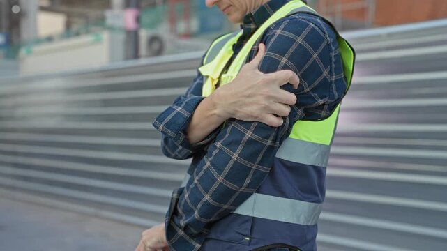 Man builder clutching upper arm in front of building wearing reflective vest and flannel shirt, hand gripping sleeve; pain concern fatigue.