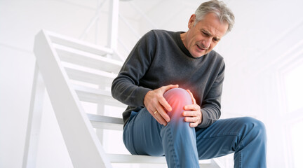 Fototapeta premium Senior man holding painful knee on stairs. Mature male suffering from joint pain or arthritis. Knee injury and inflammation concept